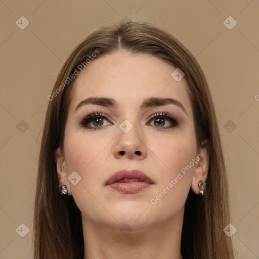 Neutral white young-adult female with long  brown hair and brown eyes