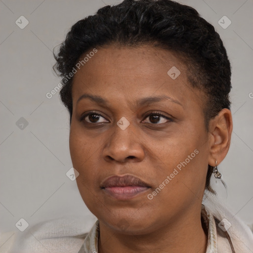 Joyful black adult female with short  brown hair and brown eyes