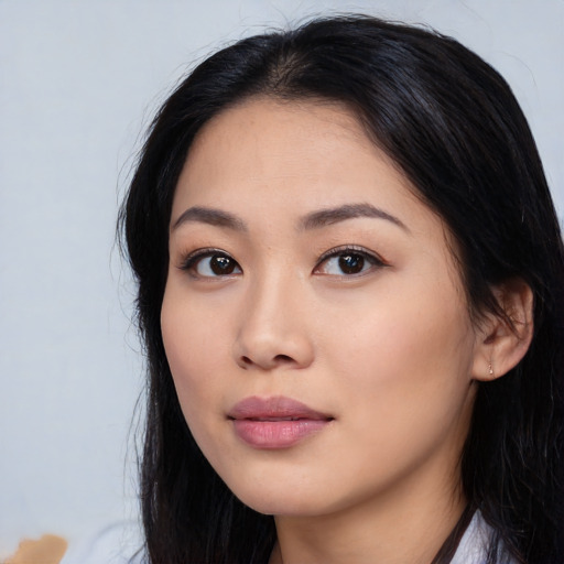 Neutral asian young-adult female with long  black hair and brown eyes