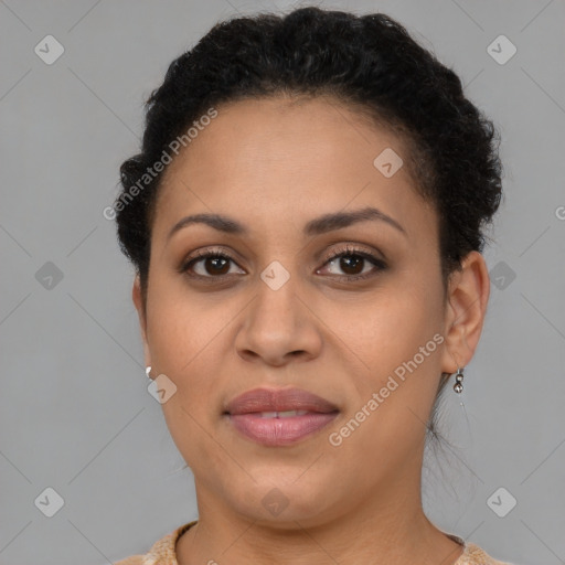 Joyful latino young-adult female with short  brown hair and brown eyes