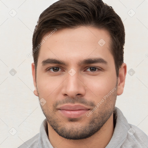 Neutral white young-adult male with short  brown hair and brown eyes