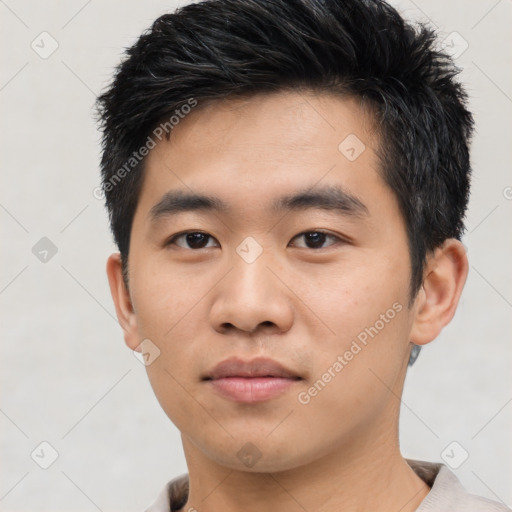 Neutral asian young-adult male with short  black hair and brown eyes