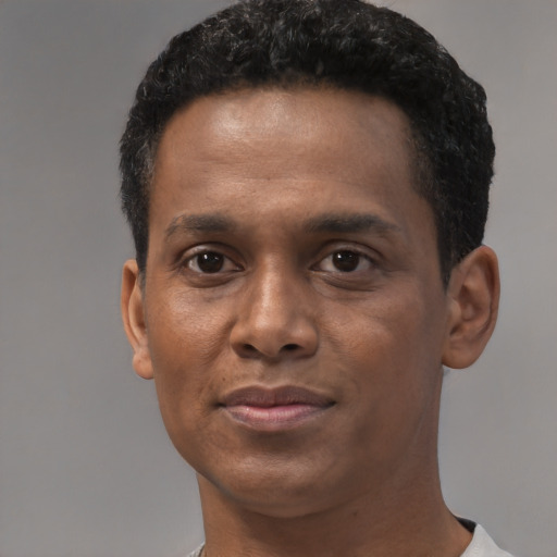 Joyful black young-adult male with short  brown hair and brown eyes