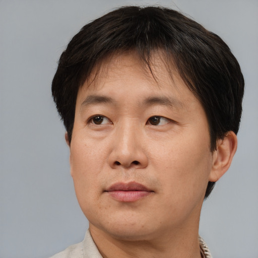 Neutral asian adult male with short  brown hair and brown eyes