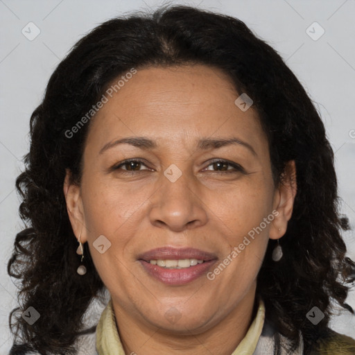 Joyful latino adult female with medium  brown hair and brown eyes