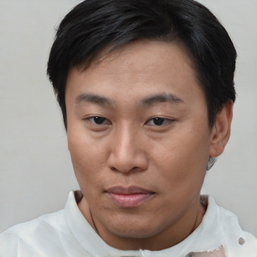 Joyful asian young-adult male with short  brown hair and brown eyes