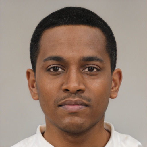 Neutral black young-adult male with short  black hair and brown eyes