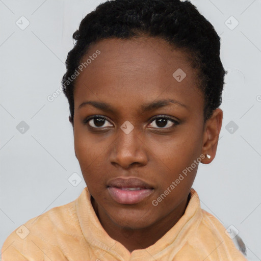 Neutral black young-adult female with short  black hair and brown eyes