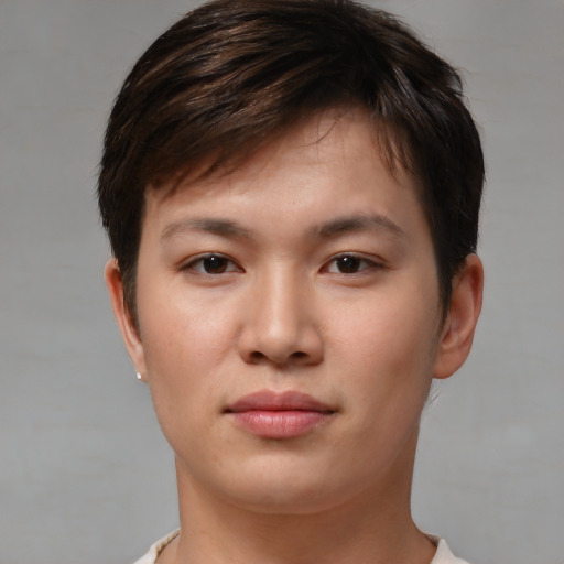 Neutral asian young-adult male with short  brown hair and brown eyes