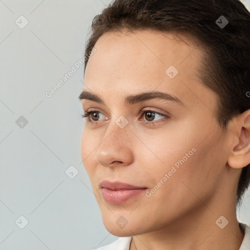 Neutral white young-adult female with short  brown hair and brown eyes