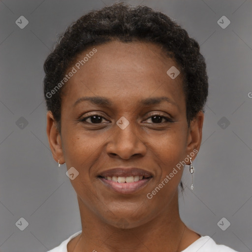 Joyful black young-adult female with short  brown hair and brown eyes