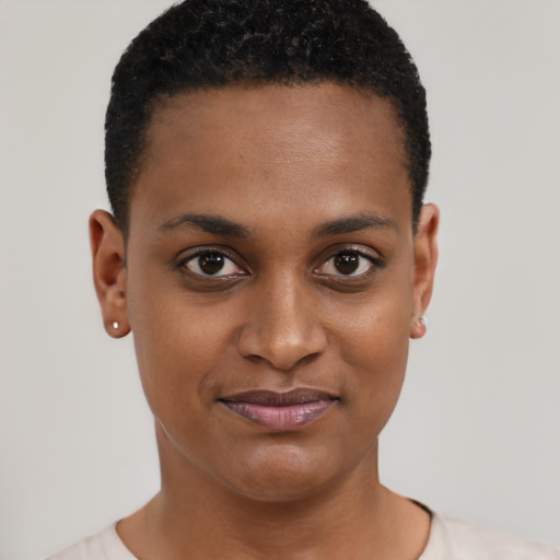 Joyful black young-adult female with short  black hair and brown eyes