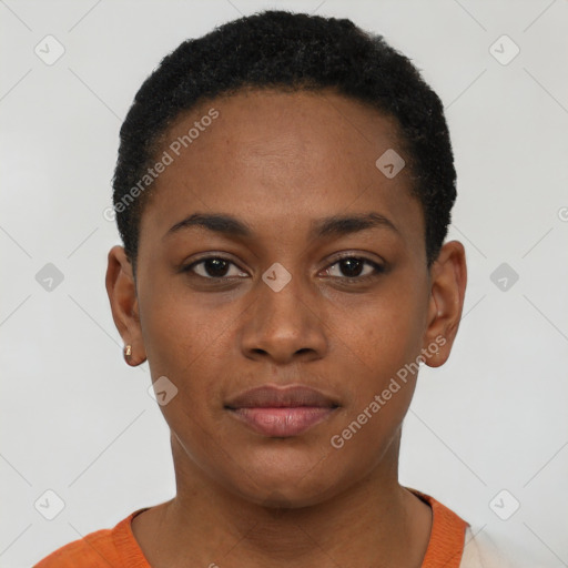 Neutral black young-adult female with short  black hair and brown eyes