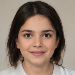 Joyful white child female with medium  brown hair and brown eyes