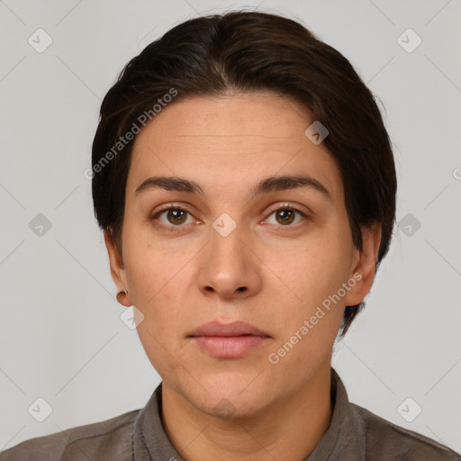 Neutral white young-adult female with short  brown hair and brown eyes