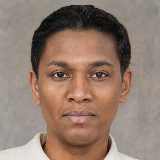 Neutral latino young-adult male with short  black hair and brown eyes