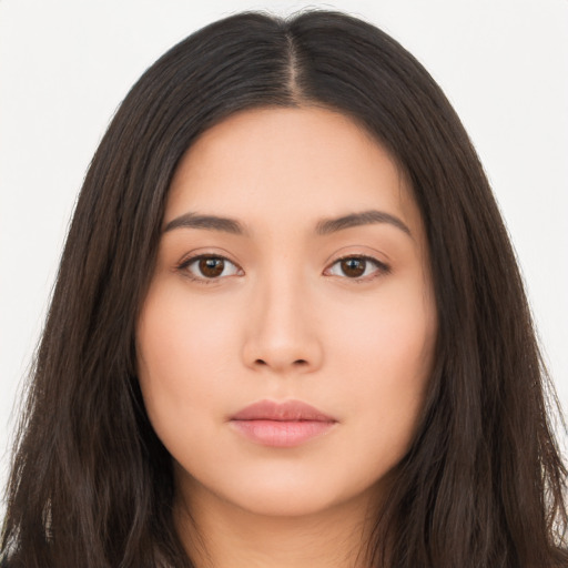 Neutral asian young-adult female with long  brown hair and brown eyes