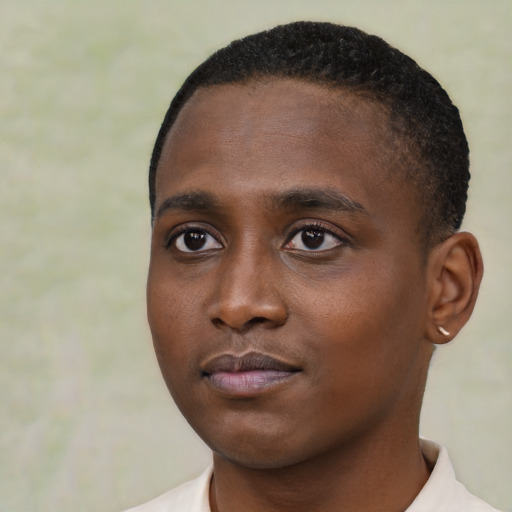 Neutral black young-adult male with short  black hair and brown eyes