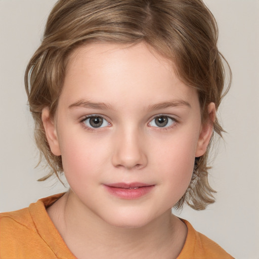 Neutral white child female with medium  brown hair and grey eyes