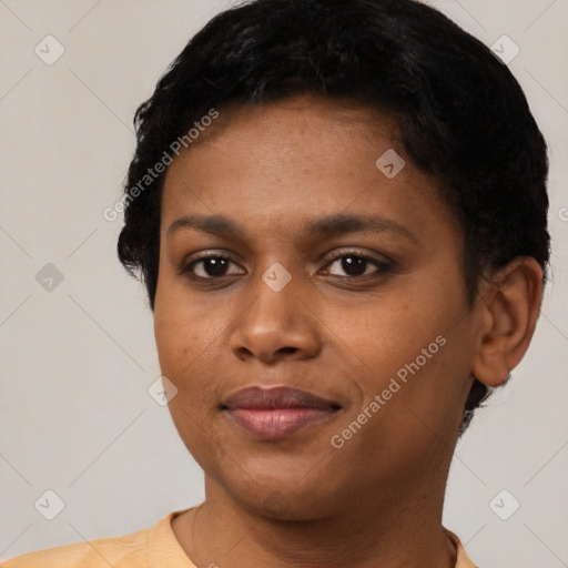 Neutral black young-adult female with short  black hair and brown eyes