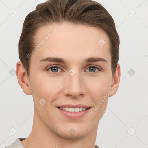 Joyful white young-adult female with short  brown hair and grey eyes