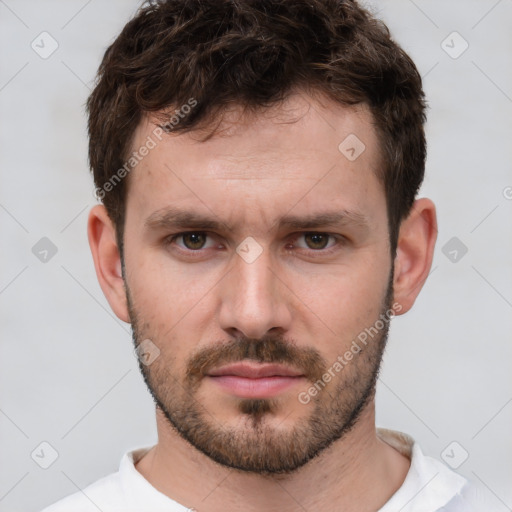 Neutral white young-adult male with short  brown hair and brown eyes