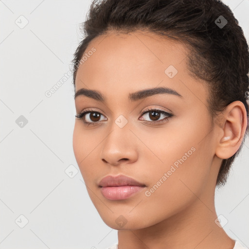 Neutral white young-adult female with short  brown hair and brown eyes