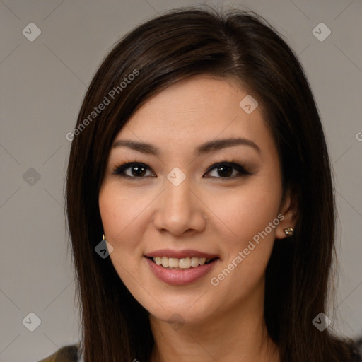 Joyful white young-adult female with long  brown hair and brown eyes