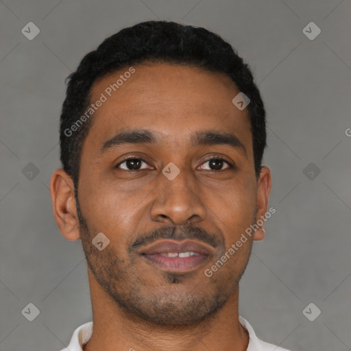 Neutral black young-adult male with short  black hair and brown eyes