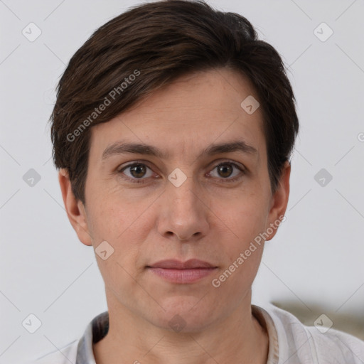 Joyful white young-adult female with short  brown hair and brown eyes