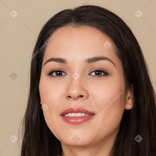 Joyful white young-adult female with long  black hair and brown eyes