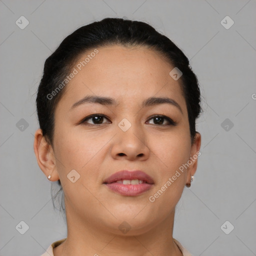 Joyful asian young-adult female with short  brown hair and brown eyes