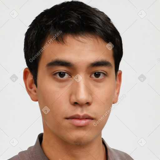 Neutral asian young-adult male with short  black hair and brown eyes