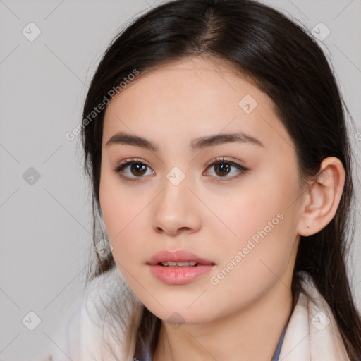 Neutral white young-adult female with long  brown hair and brown eyes