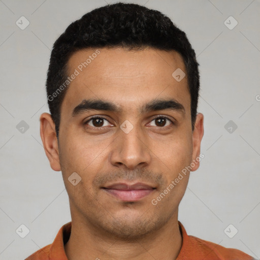 Neutral latino young-adult male with short  black hair and brown eyes