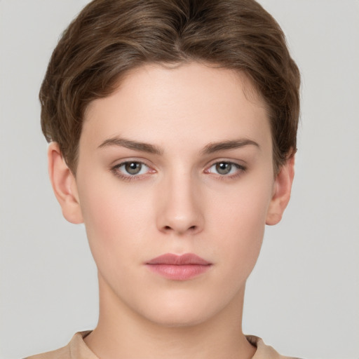 Neutral white young-adult female with short  brown hair and brown eyes