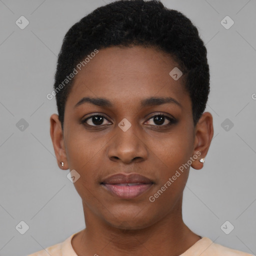 Joyful black young-adult female with short  black hair and brown eyes