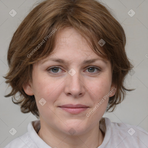 Joyful white young-adult female with medium  brown hair and blue eyes