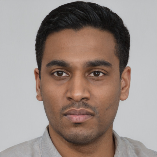 Neutral latino young-adult male with short  black hair and brown eyes