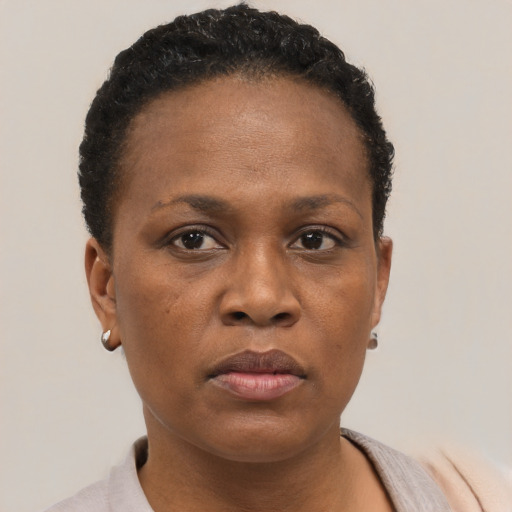 Neutral black adult female with short  brown hair and brown eyes