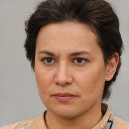 Neutral white adult female with short  brown hair and brown eyes