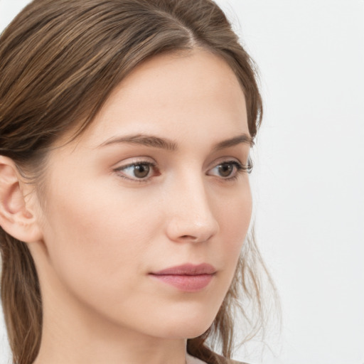 Neutral white young-adult female with long  brown hair and grey eyes