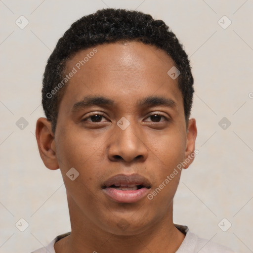 Joyful black young-adult male with short  black hair and brown eyes