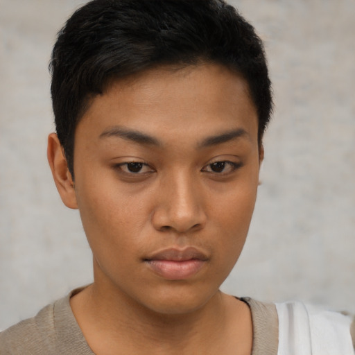 Neutral latino young-adult female with short  brown hair and brown eyes