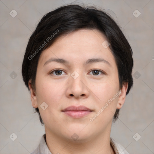 Joyful white young-adult female with medium  brown hair and brown eyes