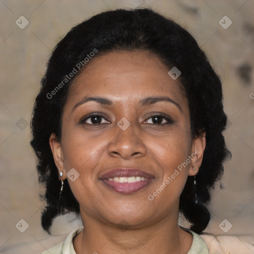 Joyful black young-adult female with medium  brown hair and brown eyes