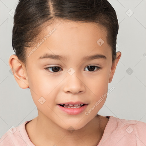 Joyful white child female with short  brown hair and brown eyes