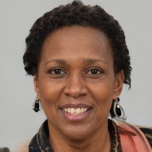 Joyful black adult female with short  brown hair and brown eyes