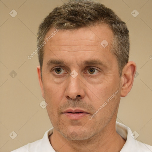 Neutral white adult male with short  brown hair and brown eyes