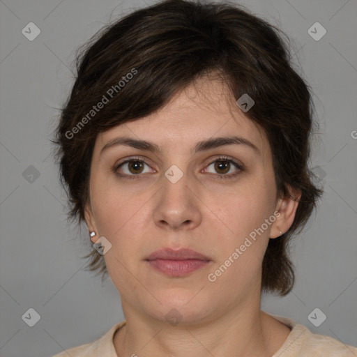 Neutral white young-adult female with medium  brown hair and brown eyes